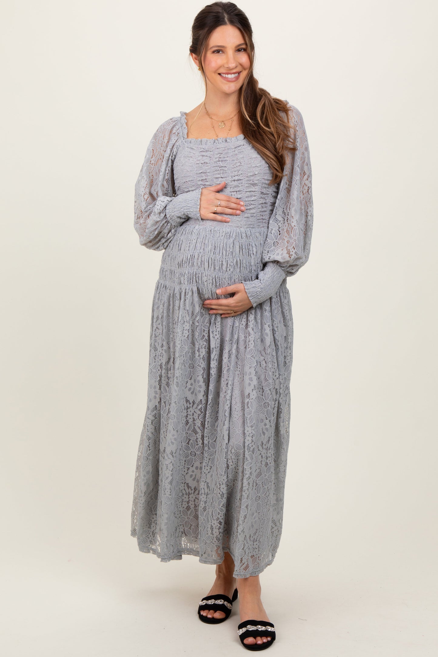 Heather Grey Lace Smocked Bubble Sleeve Maternity Maxi Dress