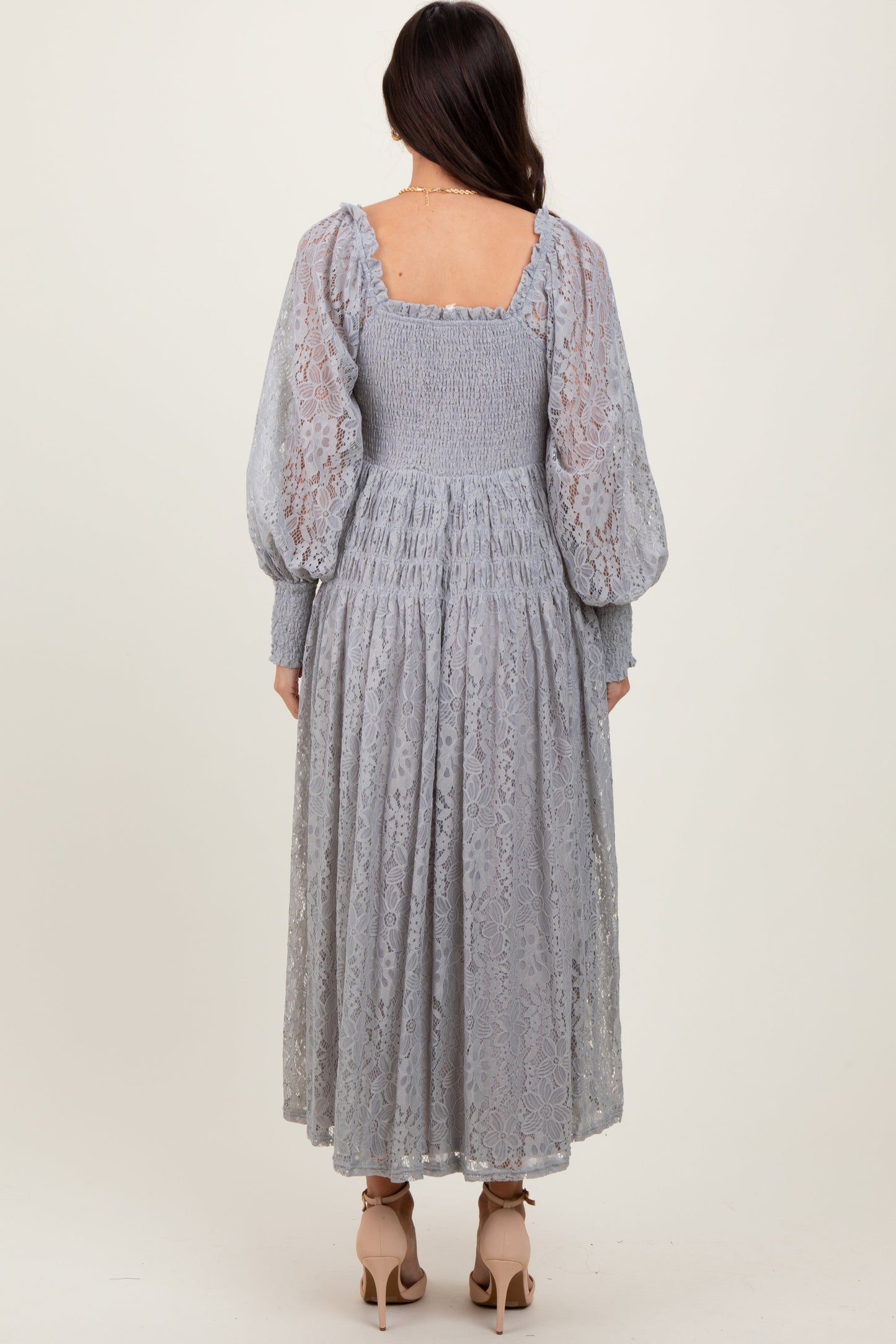 Heather Grey Lace Smocked Bubble Sleeve Maxi Dress
