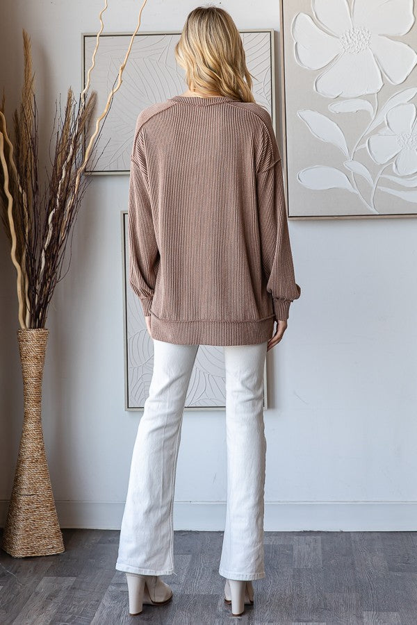 Mocha Ribbed Knit Front Pocket Pullover