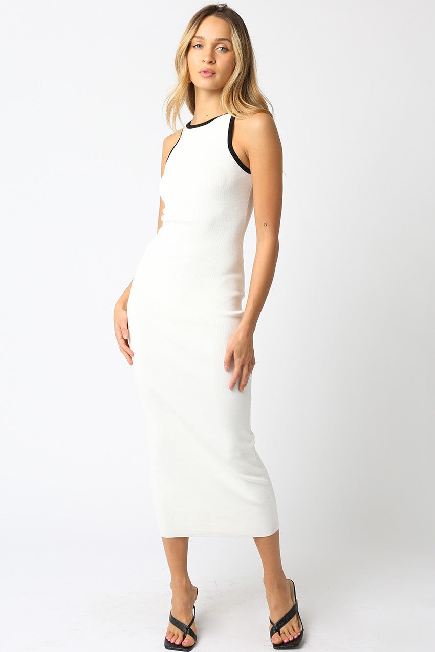 White Knit Contrast Trim Maternity Midi Dress