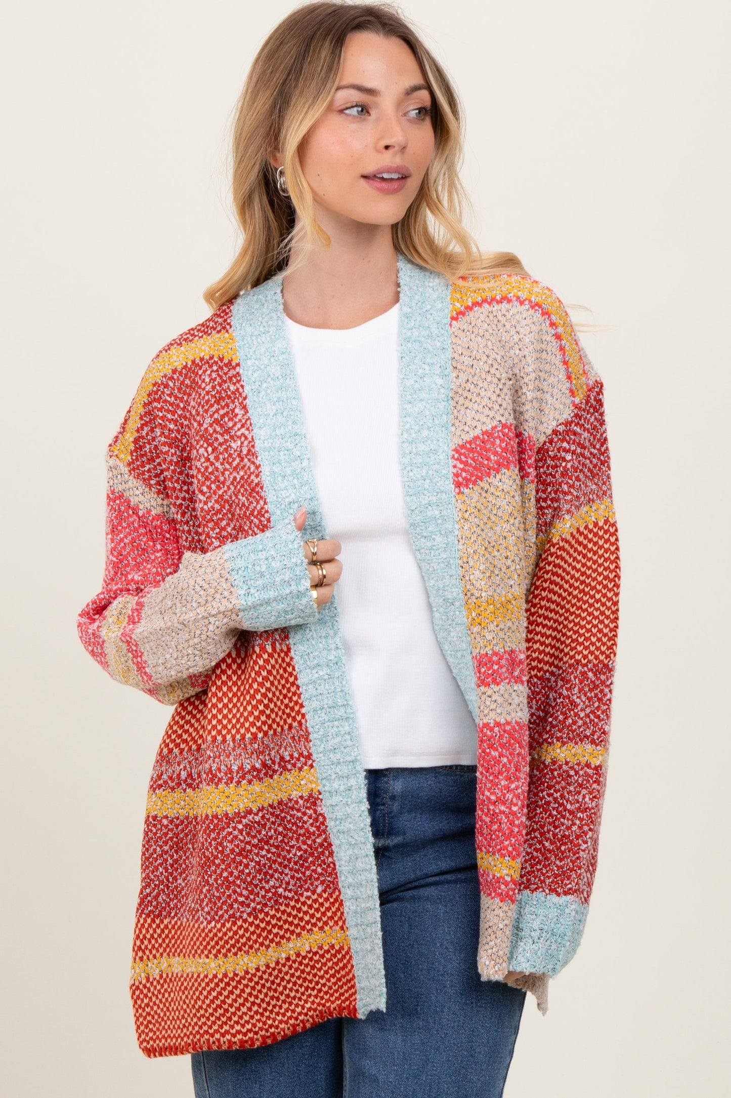 Orange Colorblock Stripe Oversized Open Cardigan