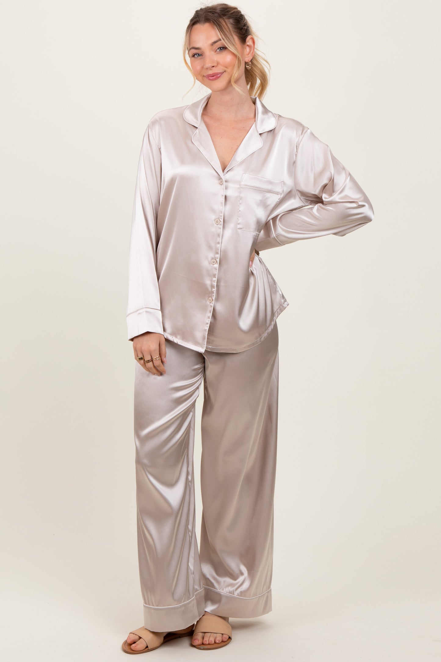 Cream Satin Contrast Trim Long Sleeve Maternity Pajama Set