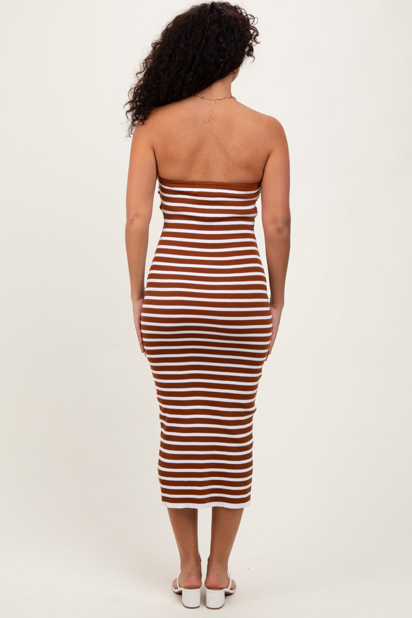Camel Striped Knit Strapless Midi Dress