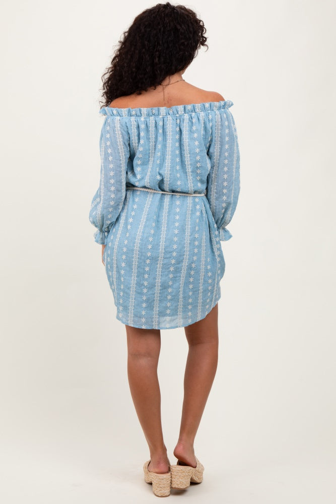 Light Blue Embroidered Off Shoulder Dress