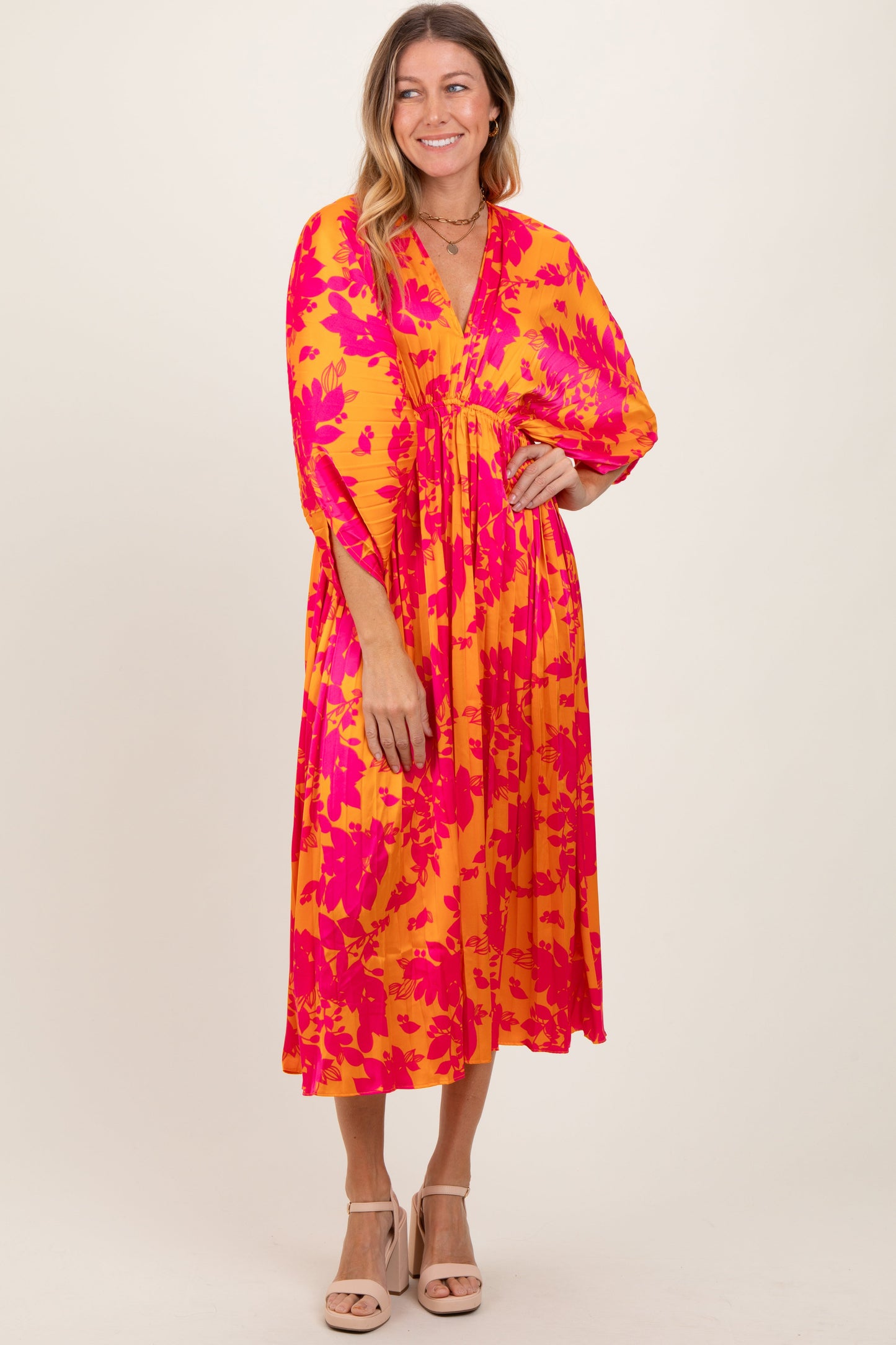 Orange Floral Satin Pleated V-Neck Maternity Maxi Dress