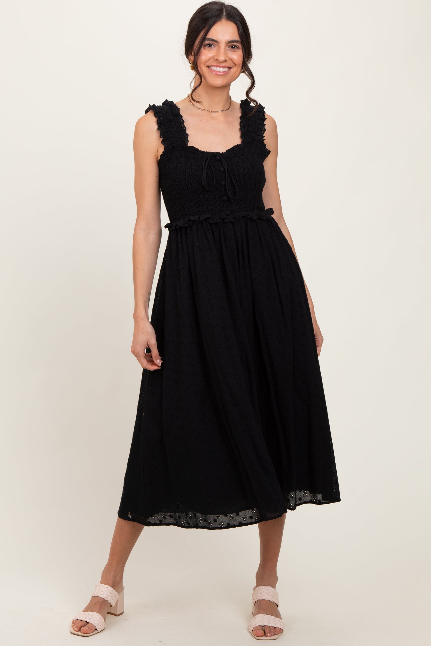 Black Eyelet Sleeveless Midi Dress