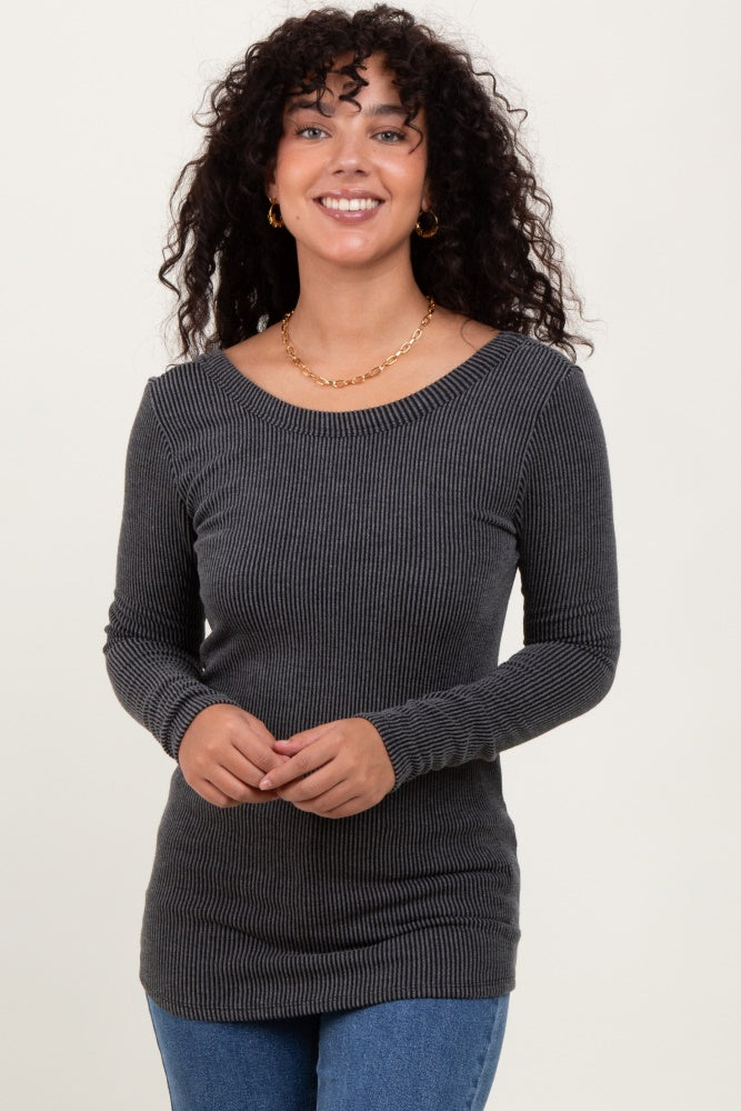 Charcoal Ribbed Scoop Neck Long Sleeve Maternity Top