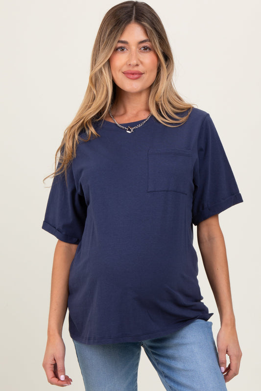 Navy Oversized Pocket Front Short Sleeve Maternity Top