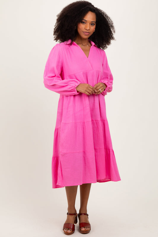 Fuchsia Light Weight Collared Tiered Midi Dress