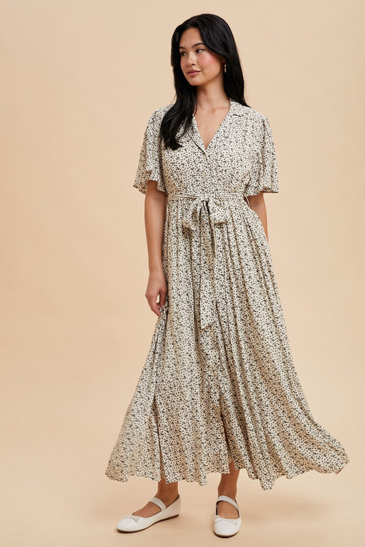 Cream Flutter Sleeve Button Down Maxi Dress
