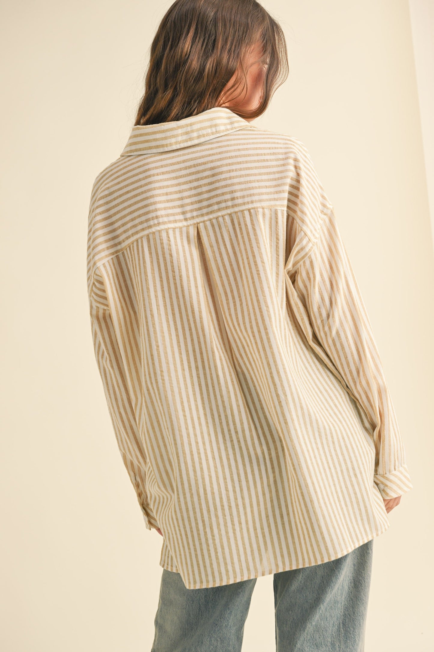 Dark Yellow Striped Double Pocket Button Down Top