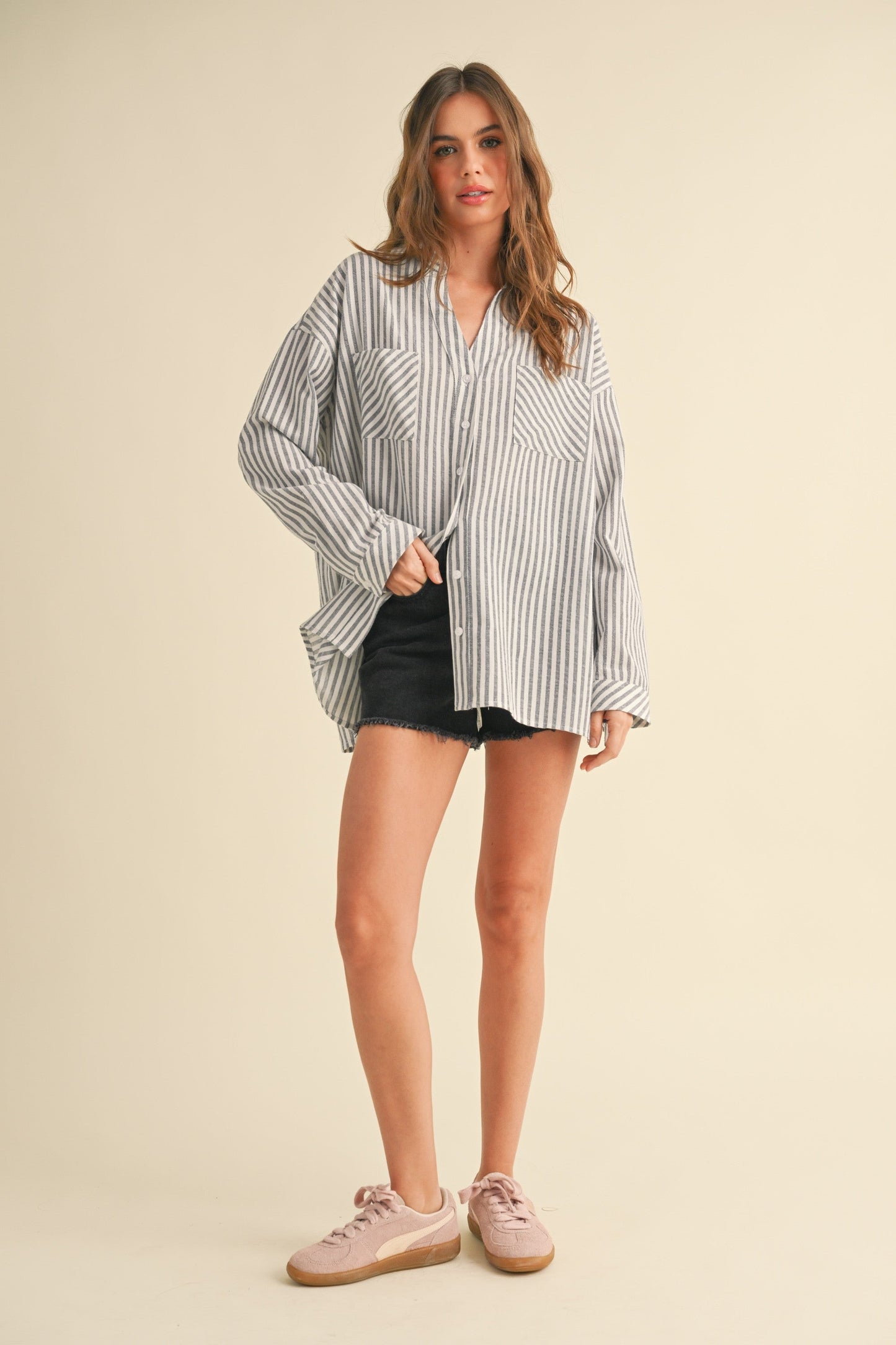 Navy Striped Double Pocket Button Down Top
