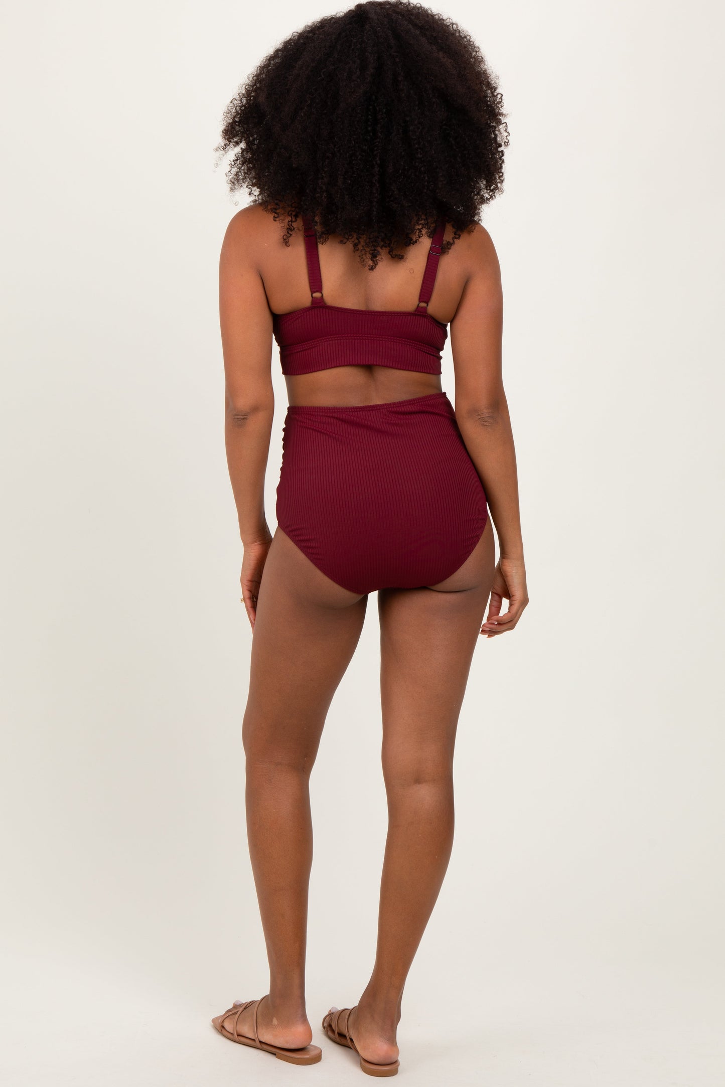 Burgundy Ribbed Twist Cutout Front Swim Set