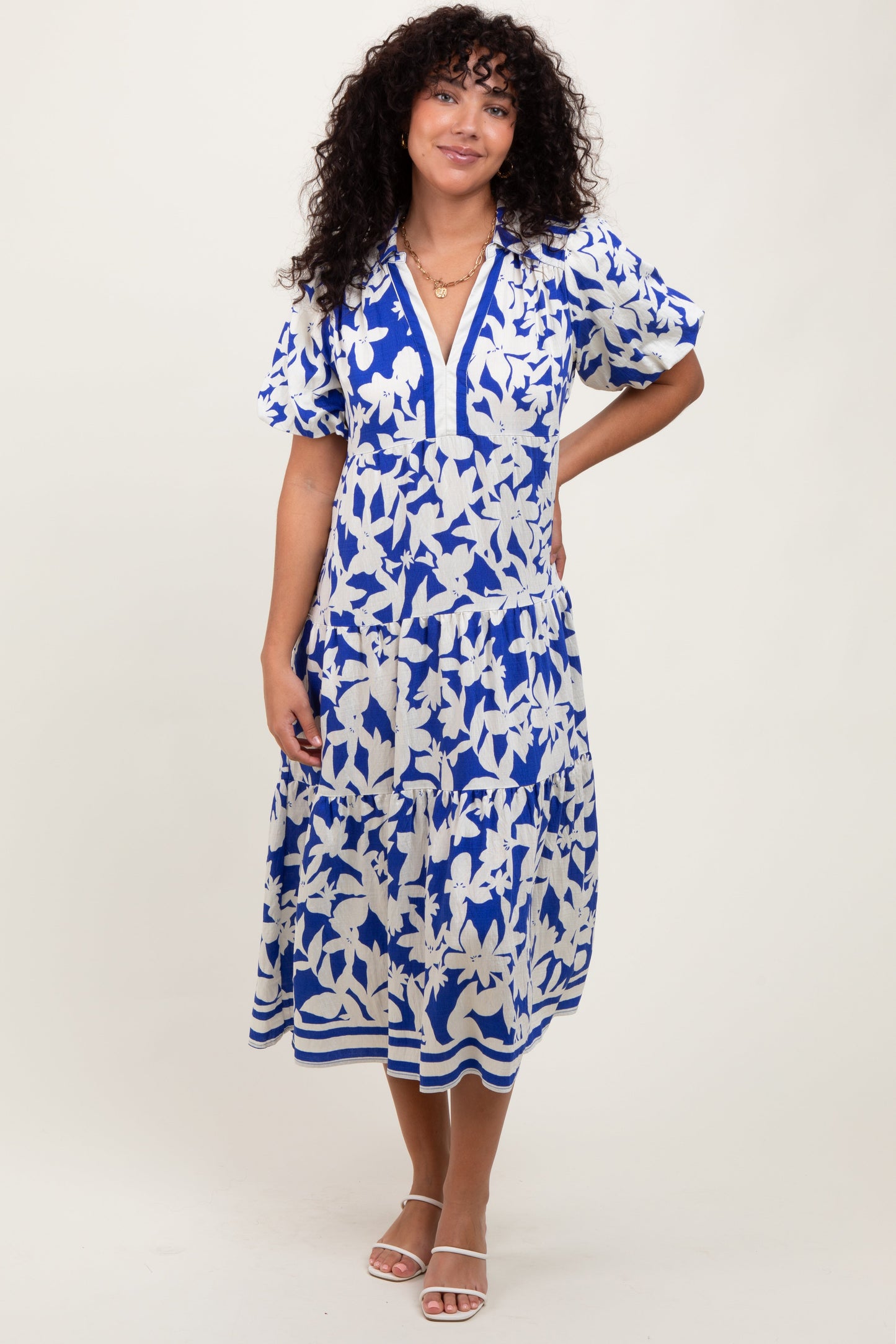 Blue Botanical Print A Line Tiered Maternity Dress