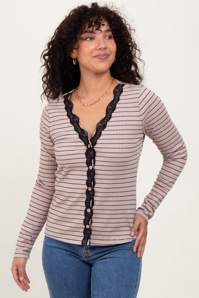Mocha Striped Ribbed Long Sleeve Lace Detail Button Down Maternity Cardigan