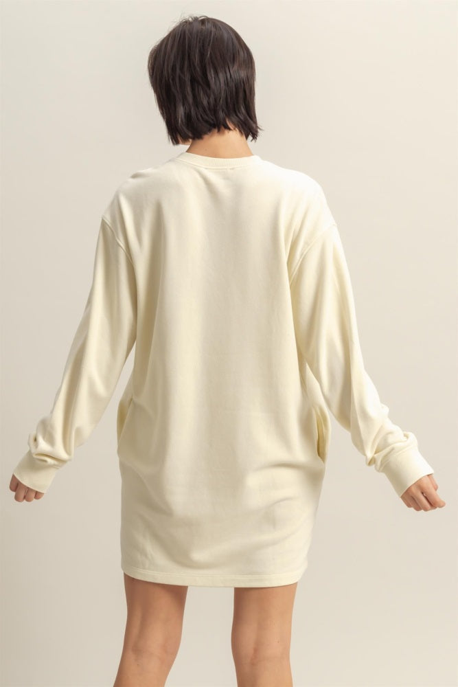 Cream Long Sleeve Oversized Sweatshirt Mini Dress