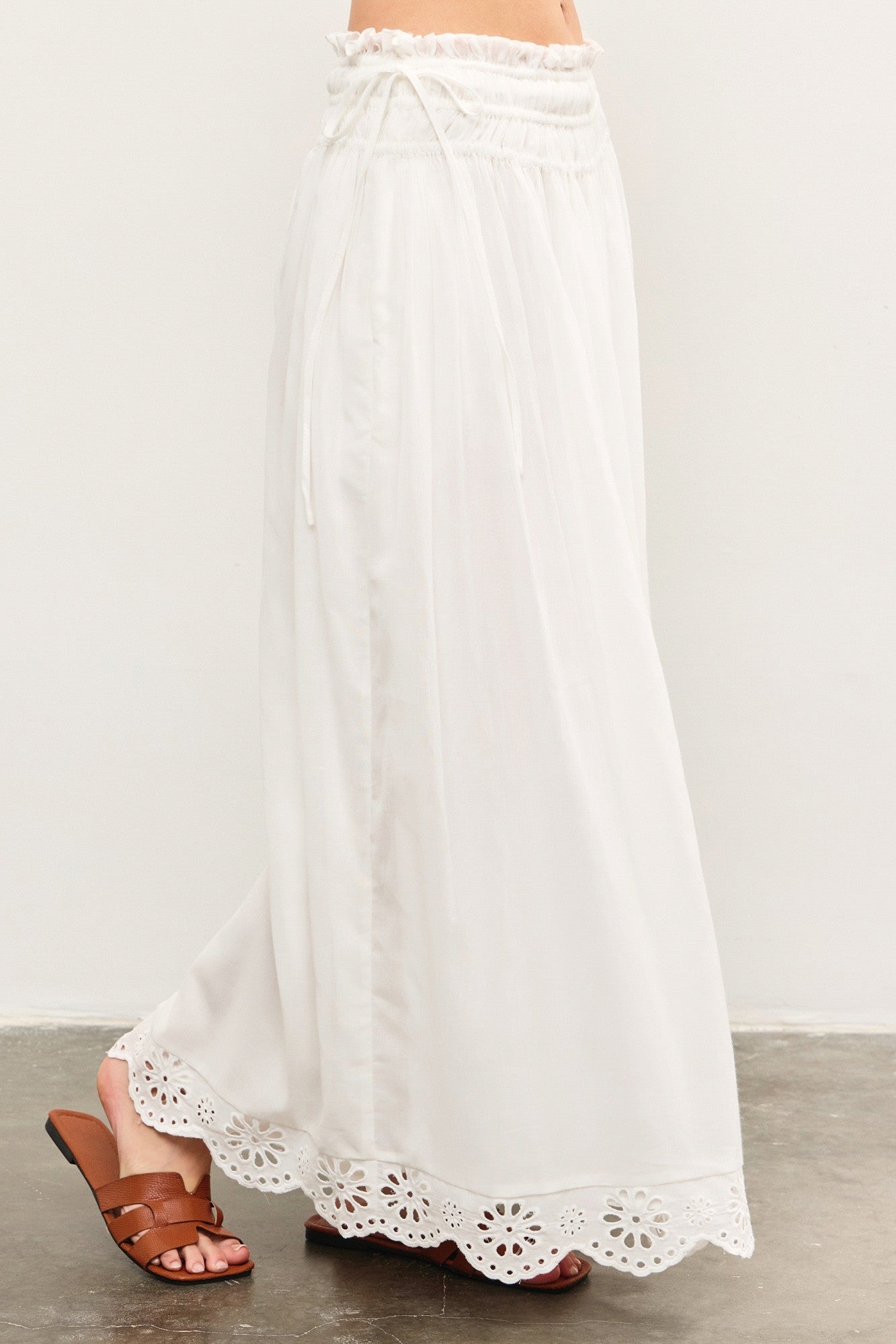 White Smocked Waist Eyelet Lace Hem Maxi Skirt