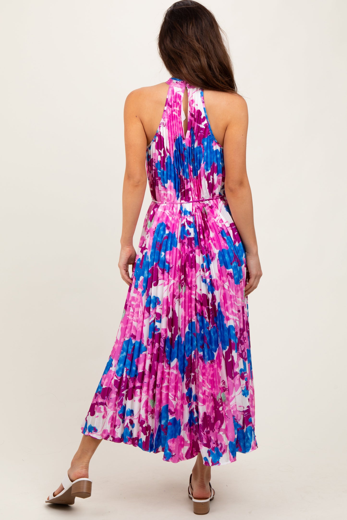 Magenta Floral Satin Pleated Halter Neck Midi Dress