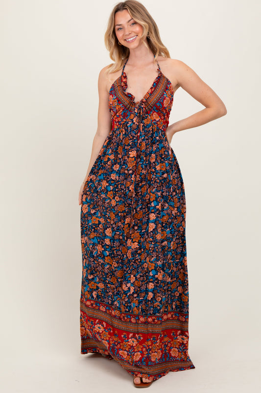Navy Floral Colorblock Halter Tie Back Maxi Dress