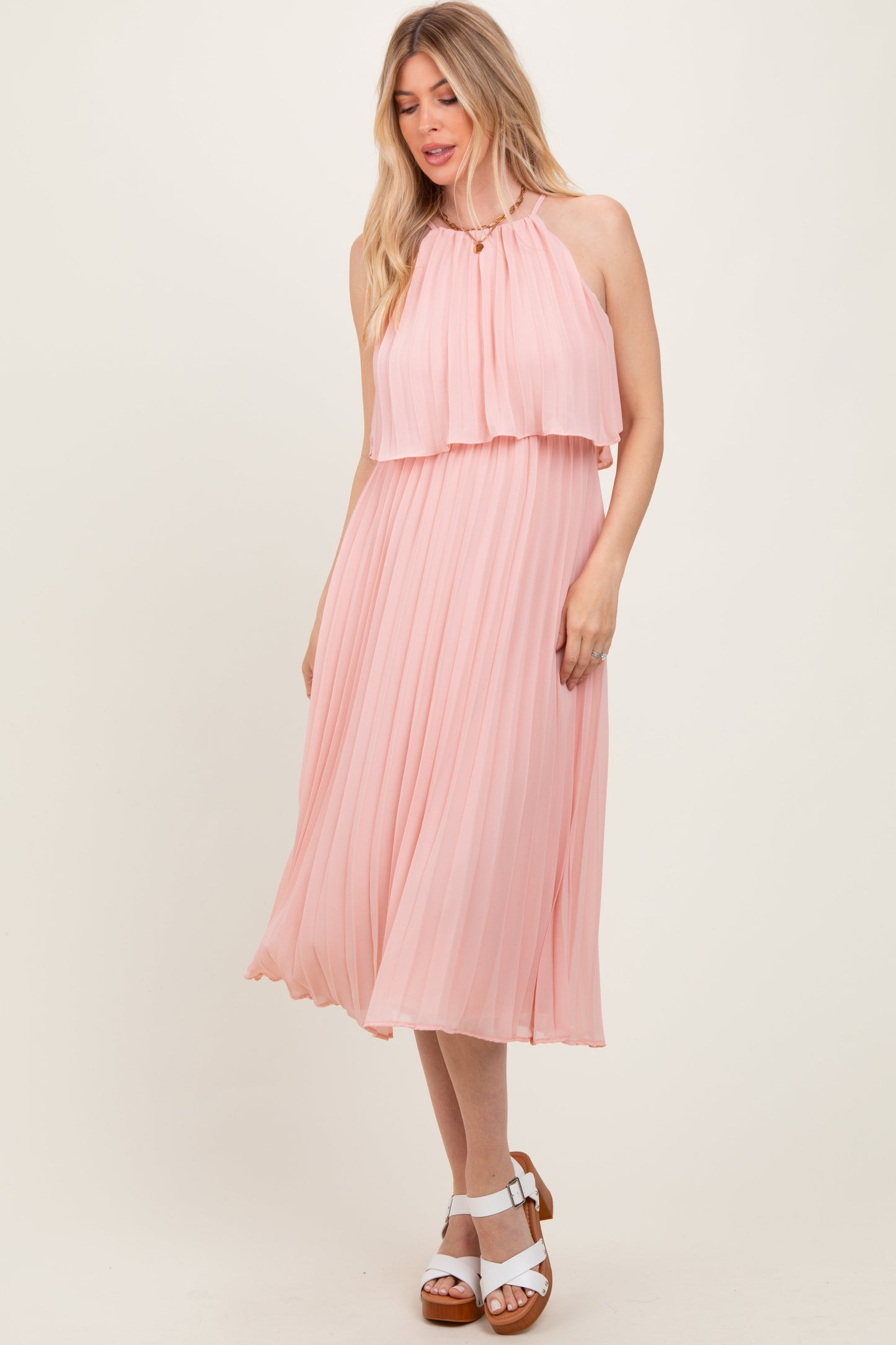 Pink Pleated Woven Midi Dress