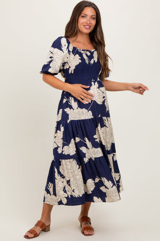 Navy Floral Smocked Front Tie Cutout Maternity Maxi Dress