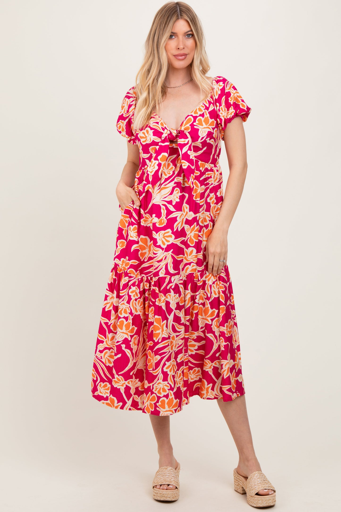 Coral Floral Front Tie Midi Dress