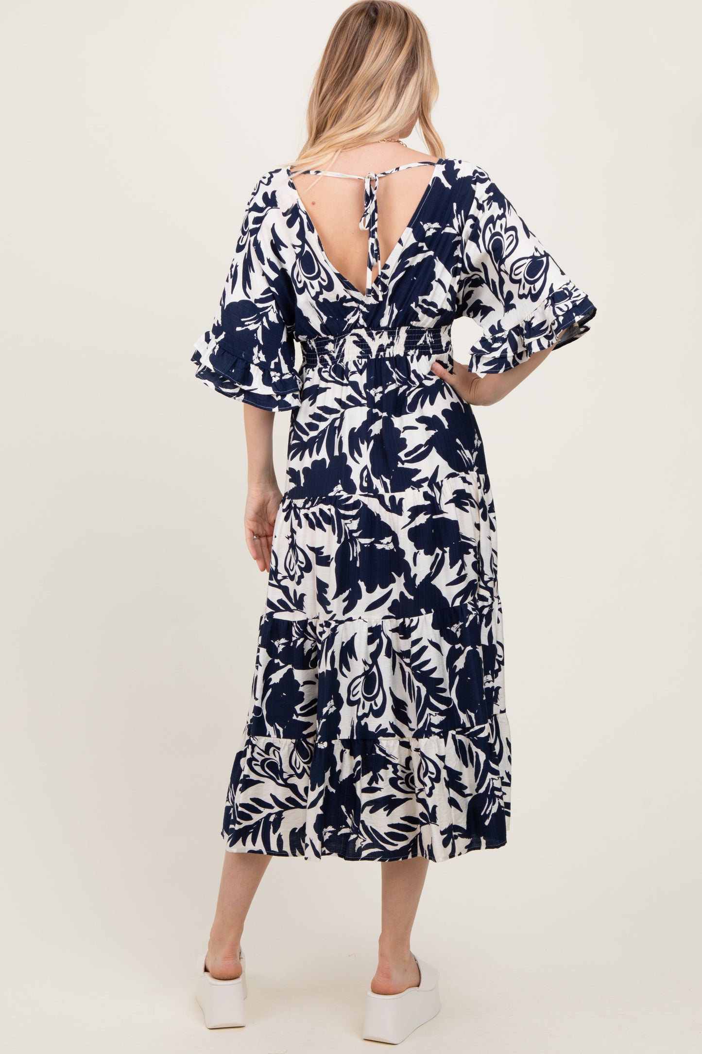 Navy Abstract Floral V-Neck Tiered Midi Dress