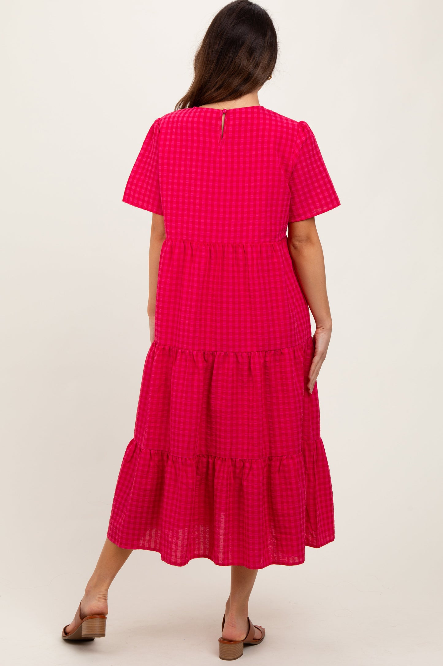 Fuchsia Short Sleeve Tiered Midi Dress