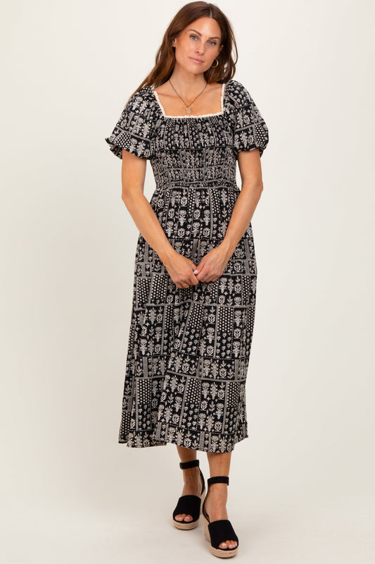 Black Patch Printed Smocked Midi Dress