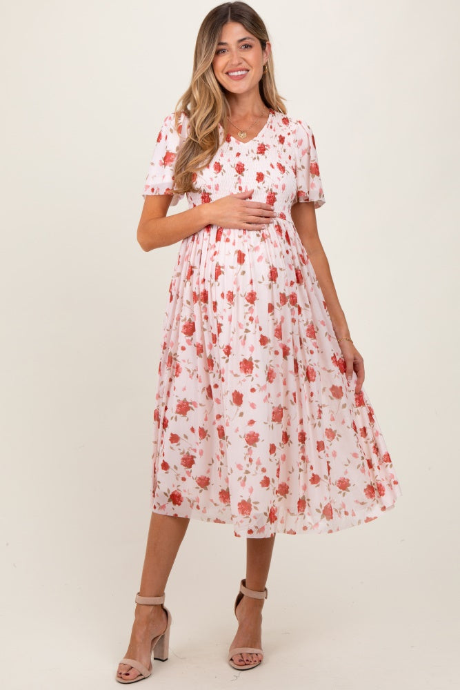 Light Pink Floral Smocked V-Neck Maternity Midi Dress