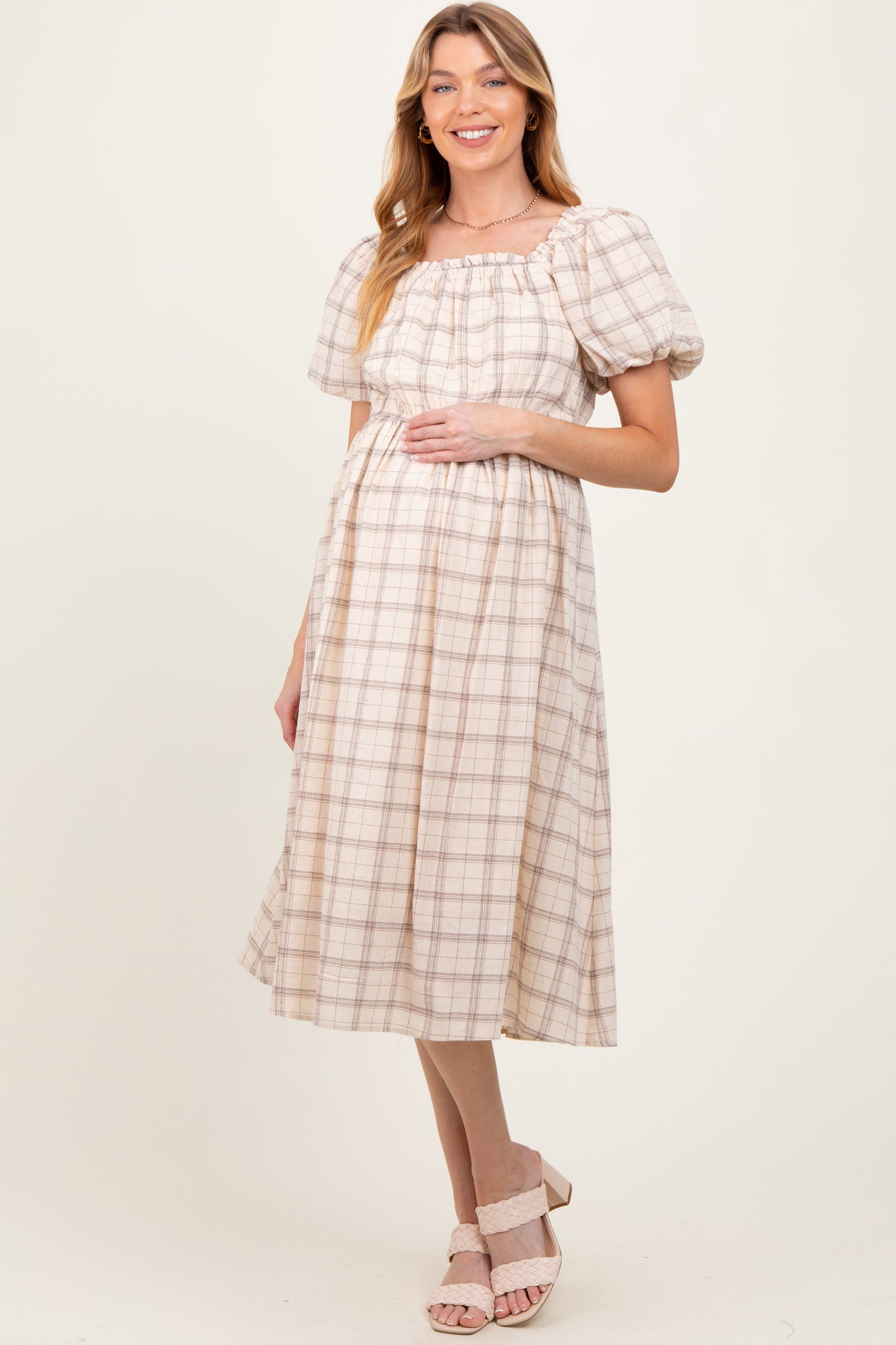 Ivory Plaid Square Neck Maternity Midi Dress