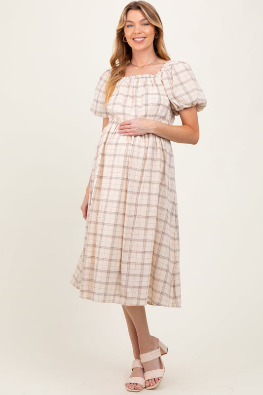 Ivory Plaid Square Neck Maternity Midi Dress