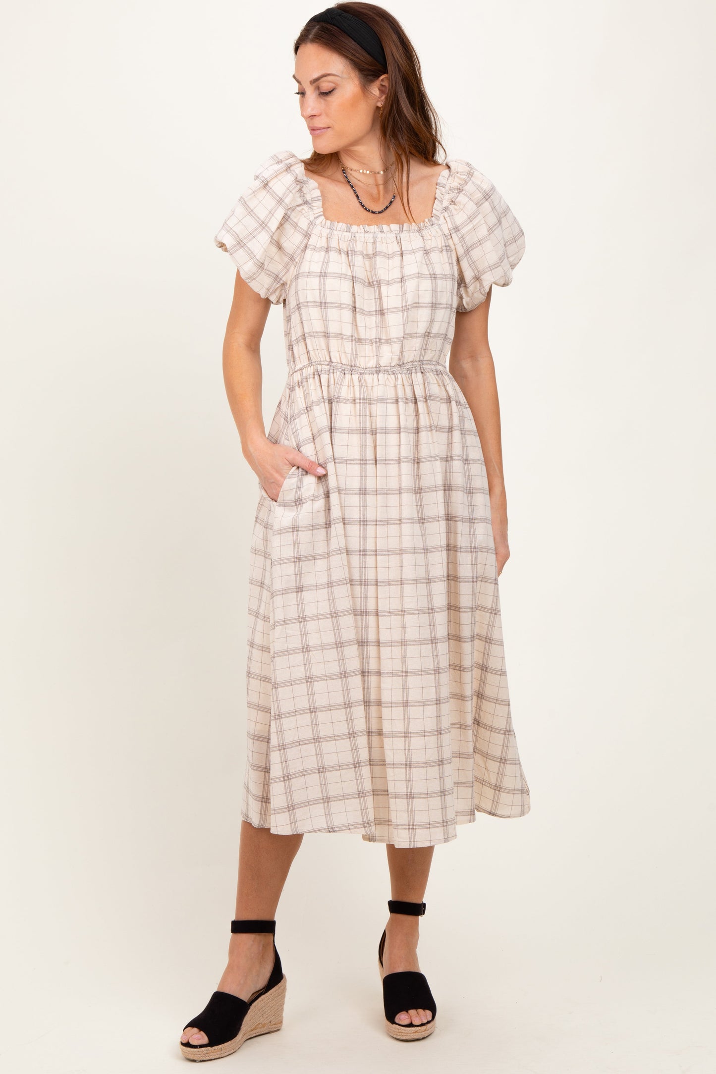 Ivory Plaid Square Neck Maternity Midi Dress