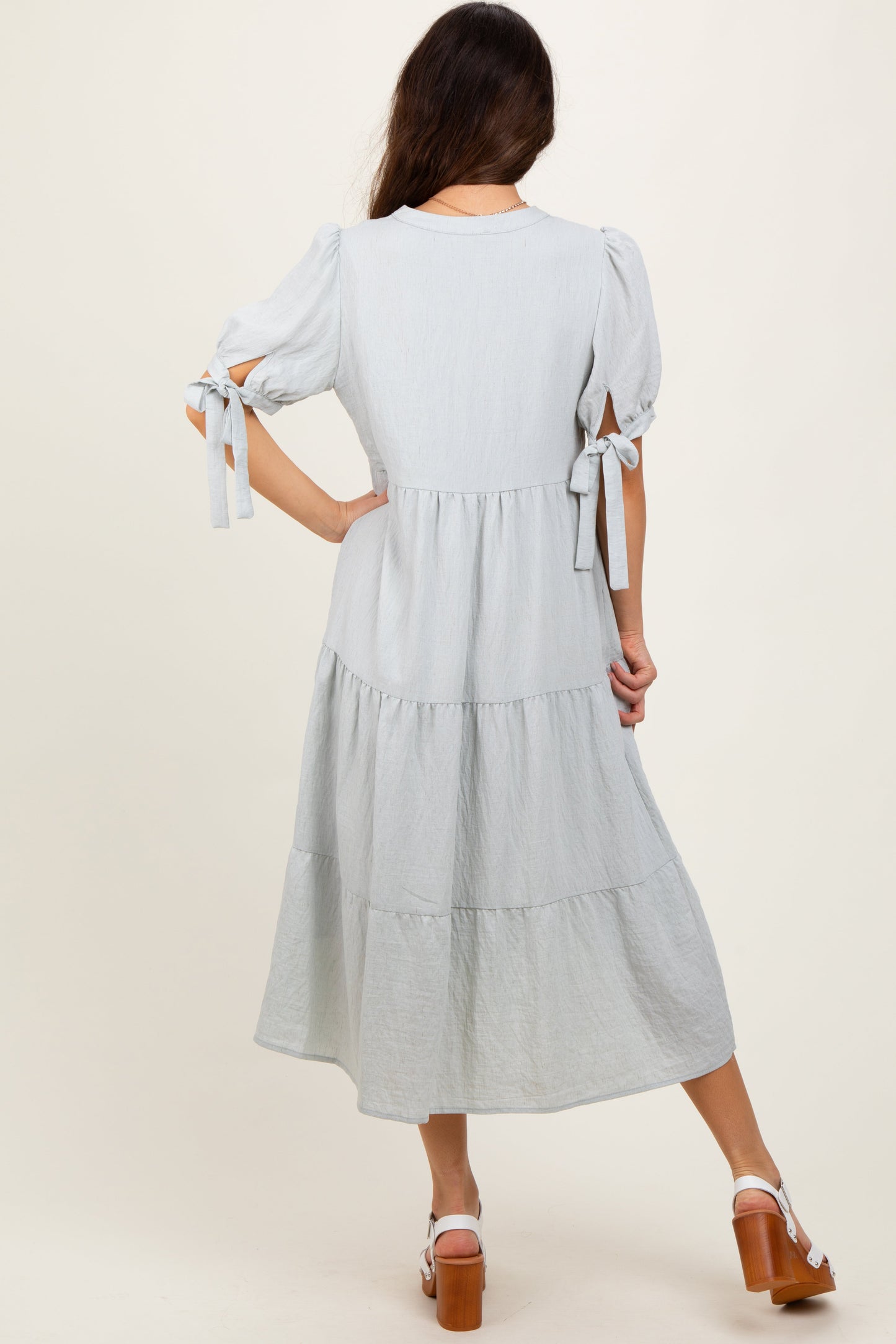 Light Blue Split V-Neck Sleeve Tie Tiered Midi Dress
