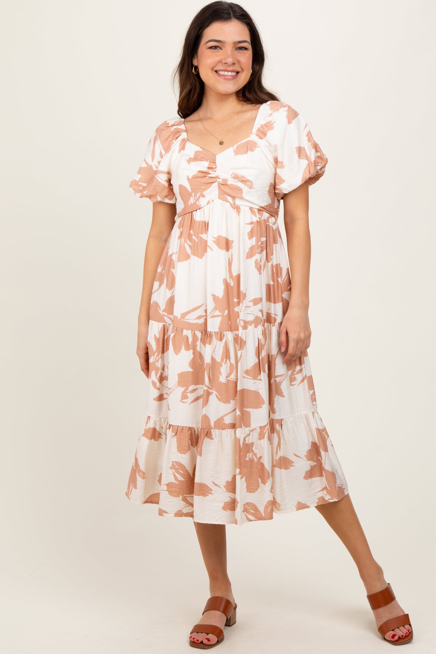 Ivory Floral Puff Sleeve Tiered Maternity Midi Dress