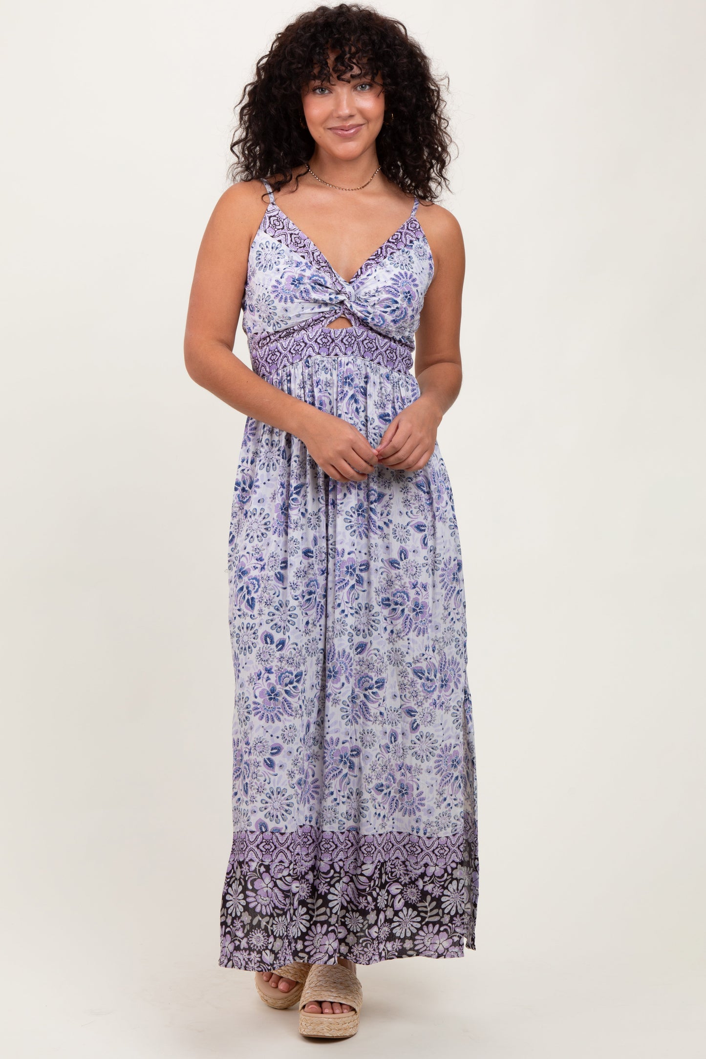 Blue Floral Front Cutout Side Slit Maternity Maxi Dress