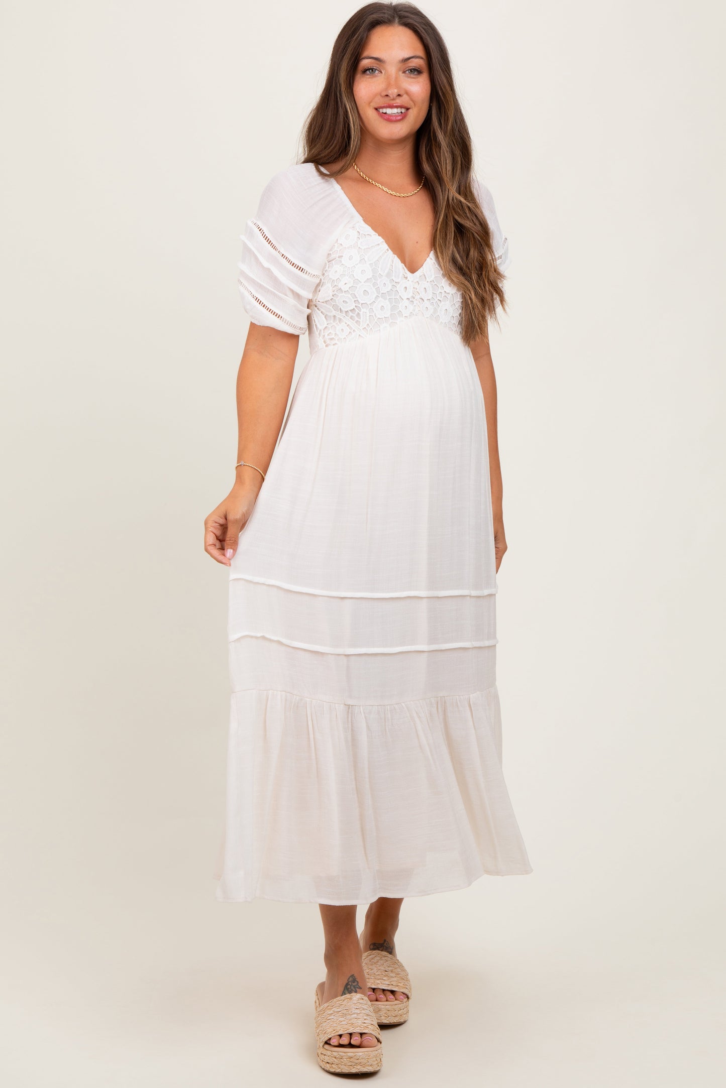 Cream Crochet Detail Bodice Maternity Midi Dress