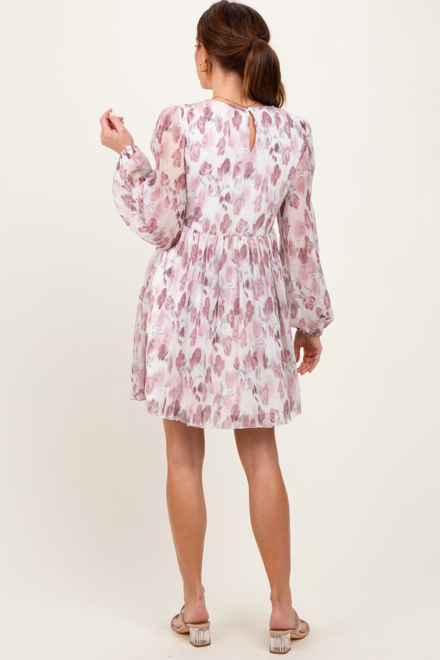 Cream Floral Chiffon Plisse Mini Dress