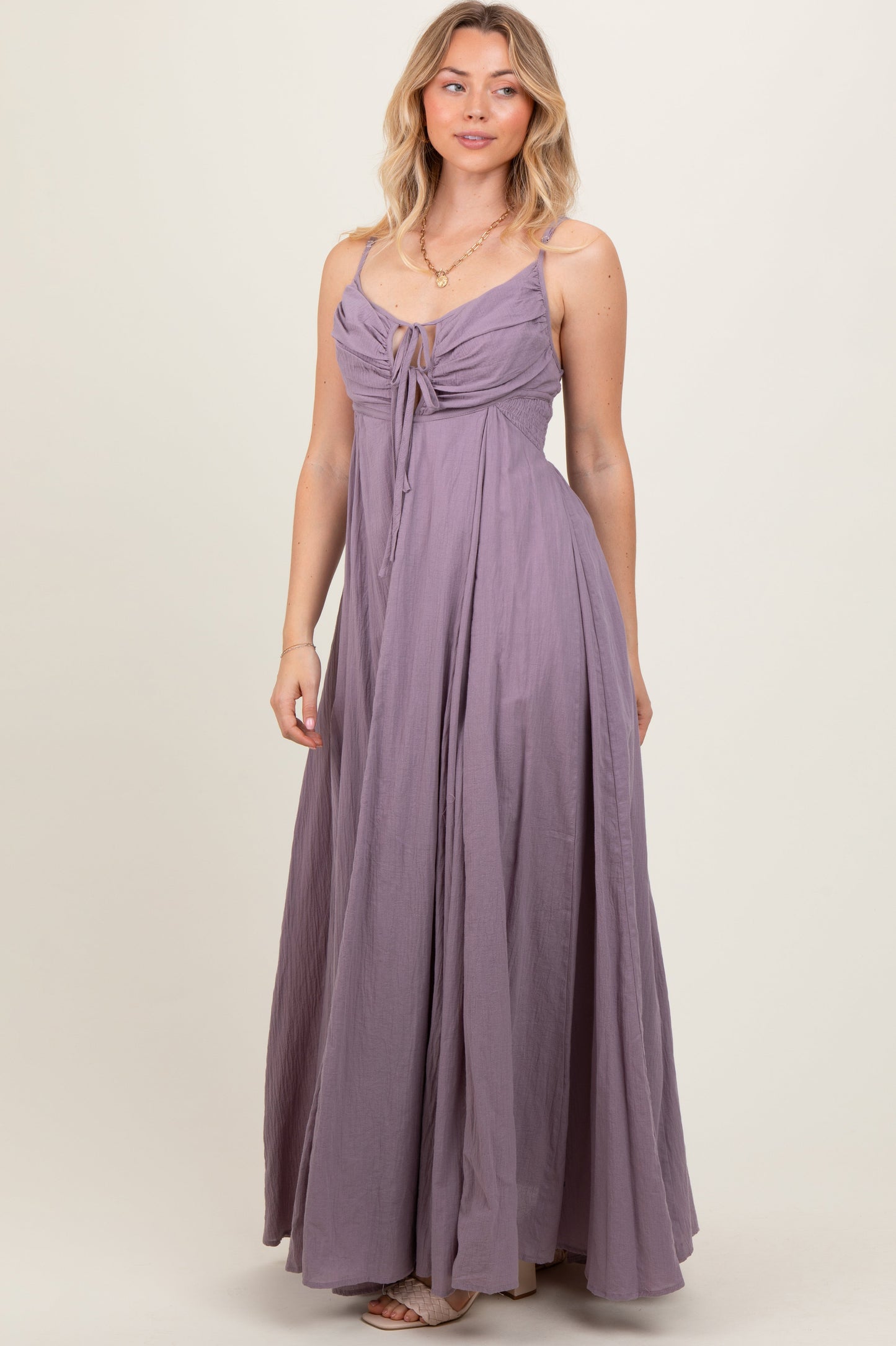 Purple Gathered Tie Front Maxi Dress
