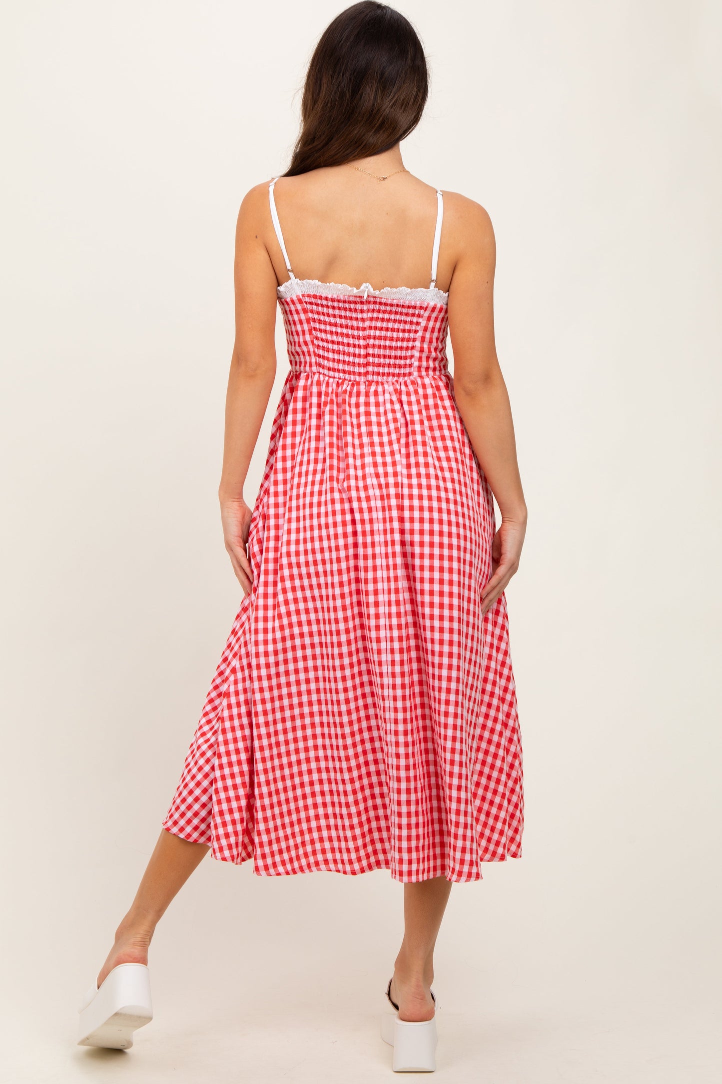 Red Gingham Smocked Trim Midi Dress