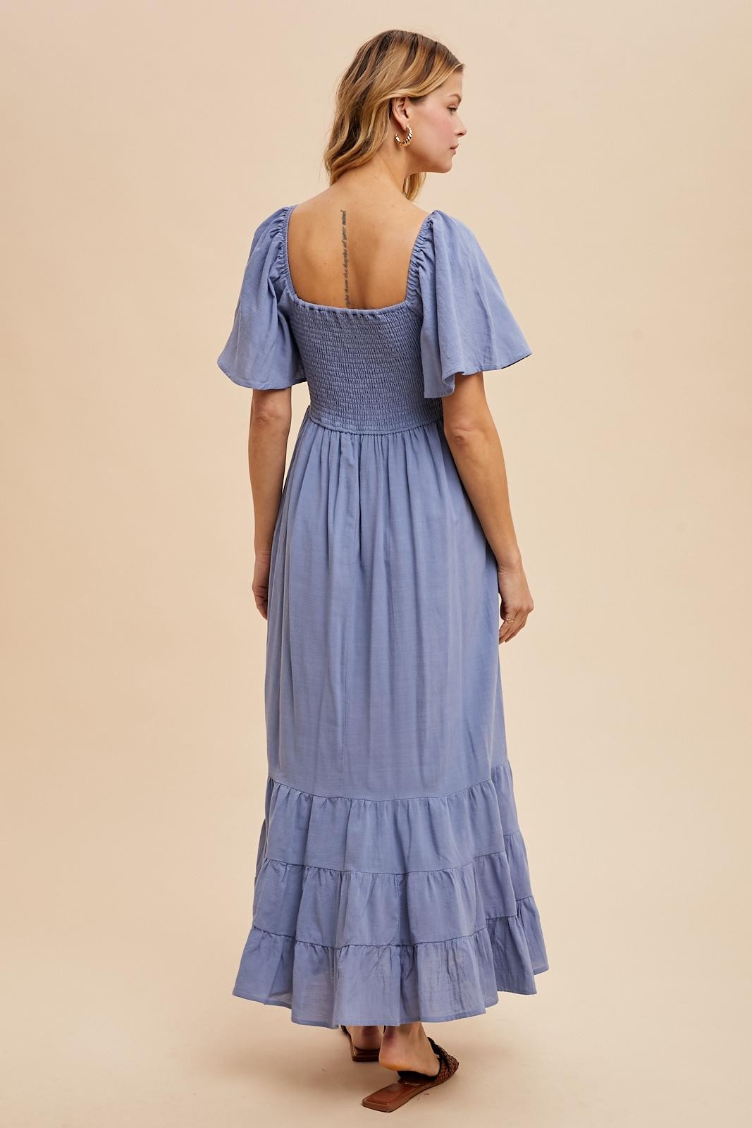 Blue Smocked Cotton Flutter Sleeve Maxi Dress