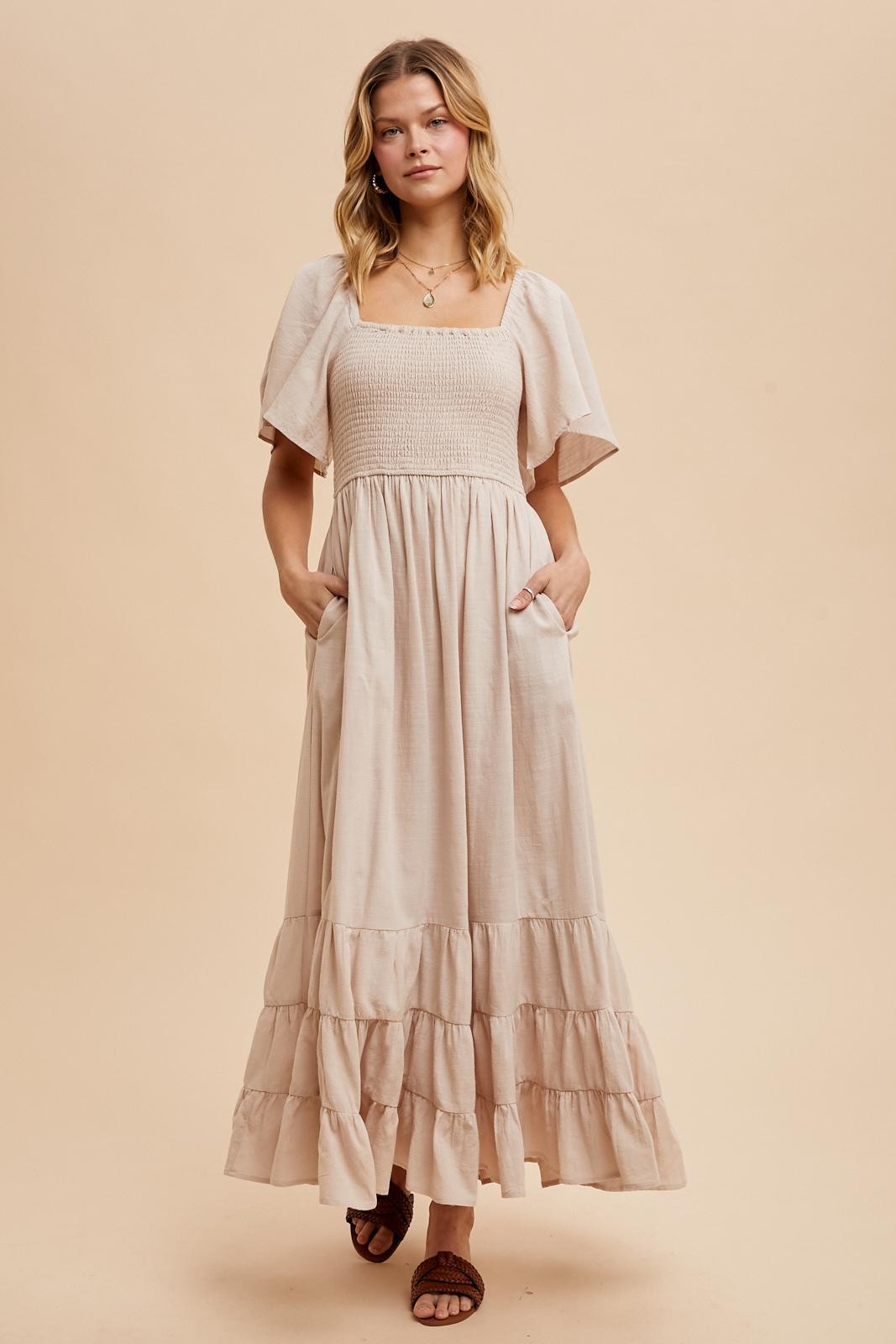 Cream Smocked Cotton Flutter Sleeve Maxi Dress