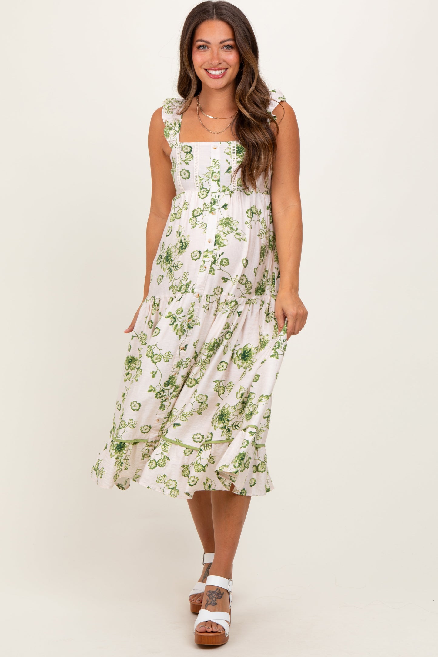 Green Floral Ruffle Strap Tiered Maternity Midi Dress