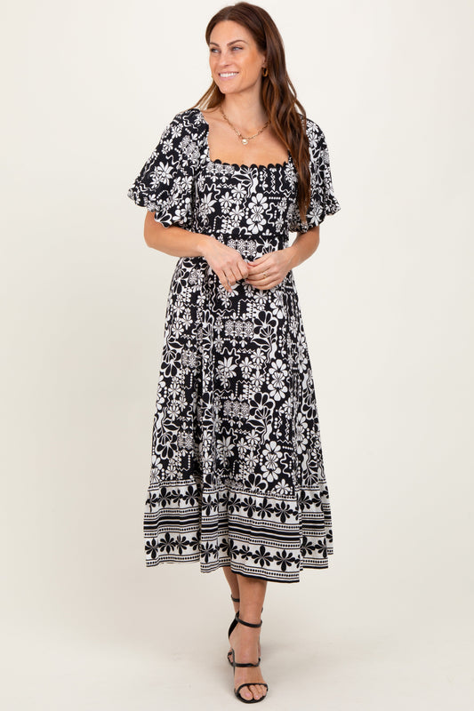 Black Floral Scallop Trim Midi Dress