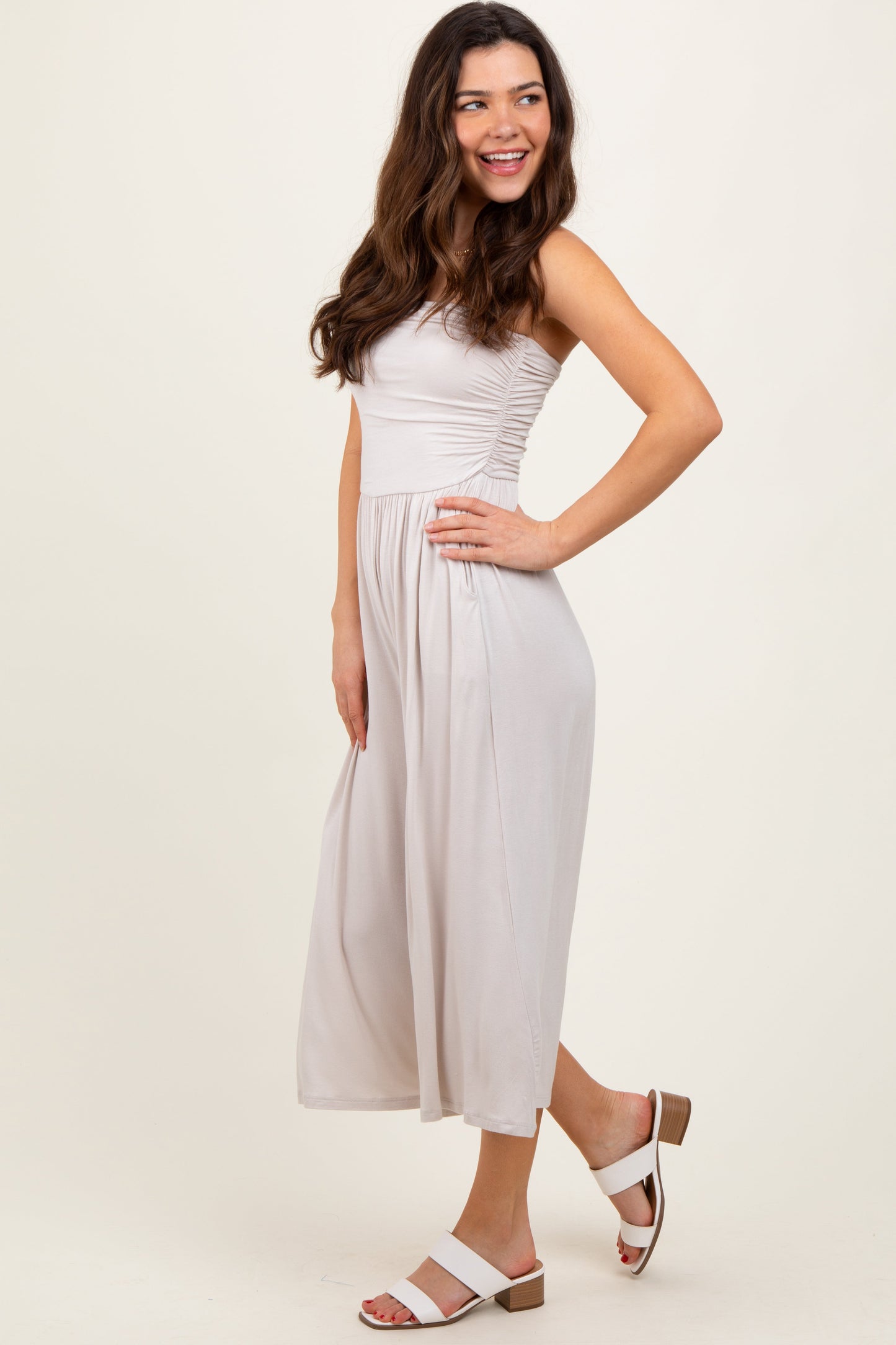 Beige Double Layered Strapless Tube Top Jumpsuit