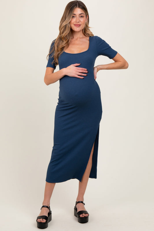 Navy Ribbed Short Sleeve Side Slit Maternity Midi Dress