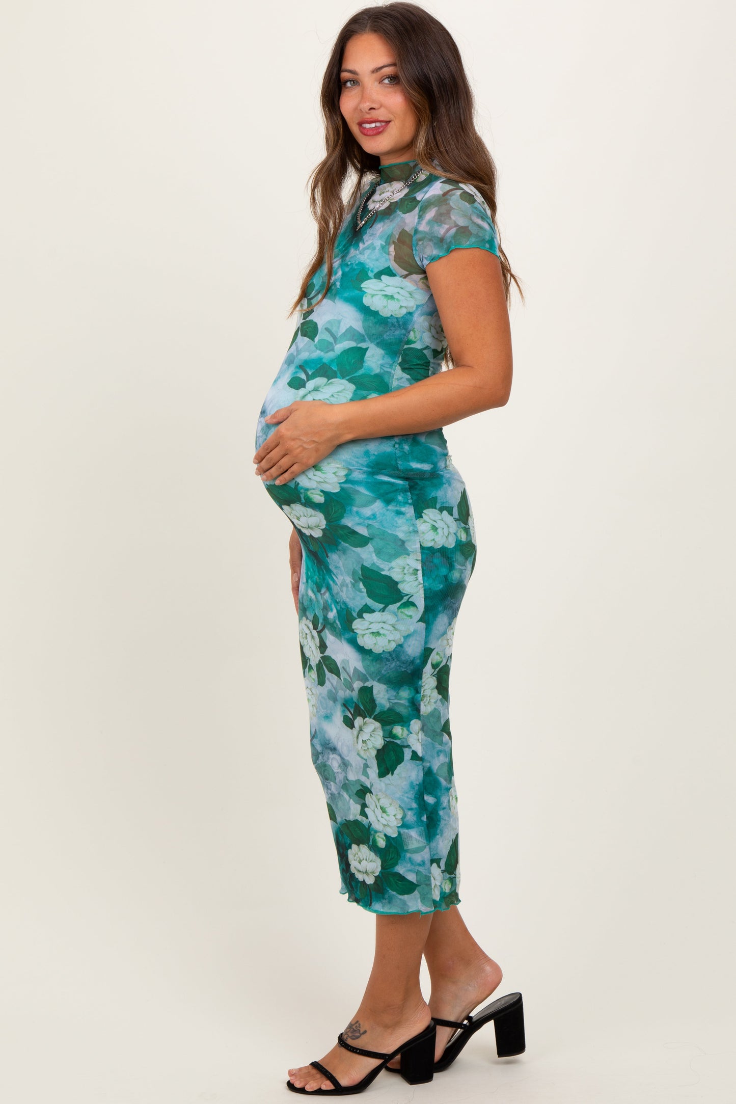 Green Floral Mesh Overlay Fitted Maternity Maxi Dress