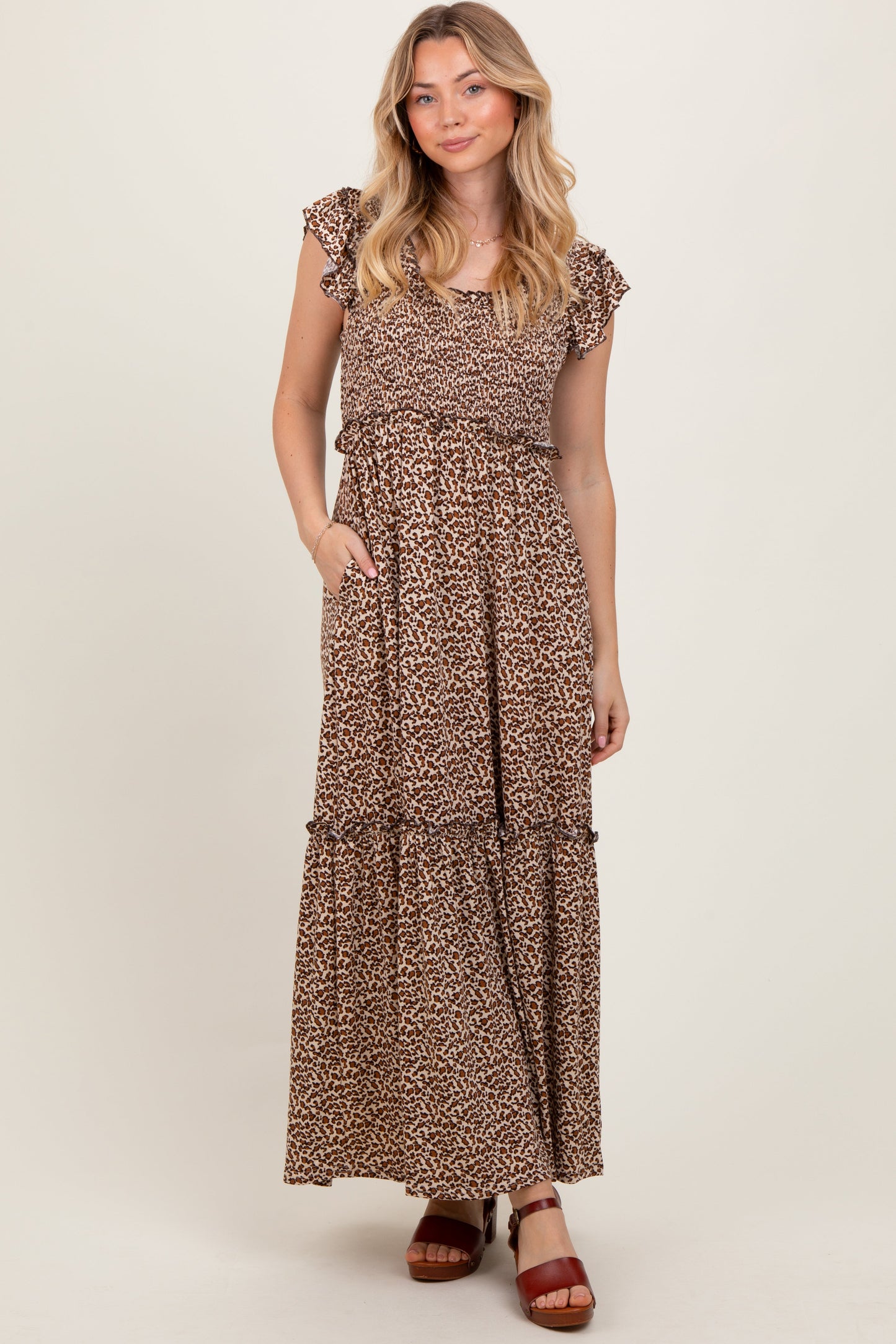 Mocha Leopard Print Ruffle Sleeve Tiered Maternity Maxi Dress