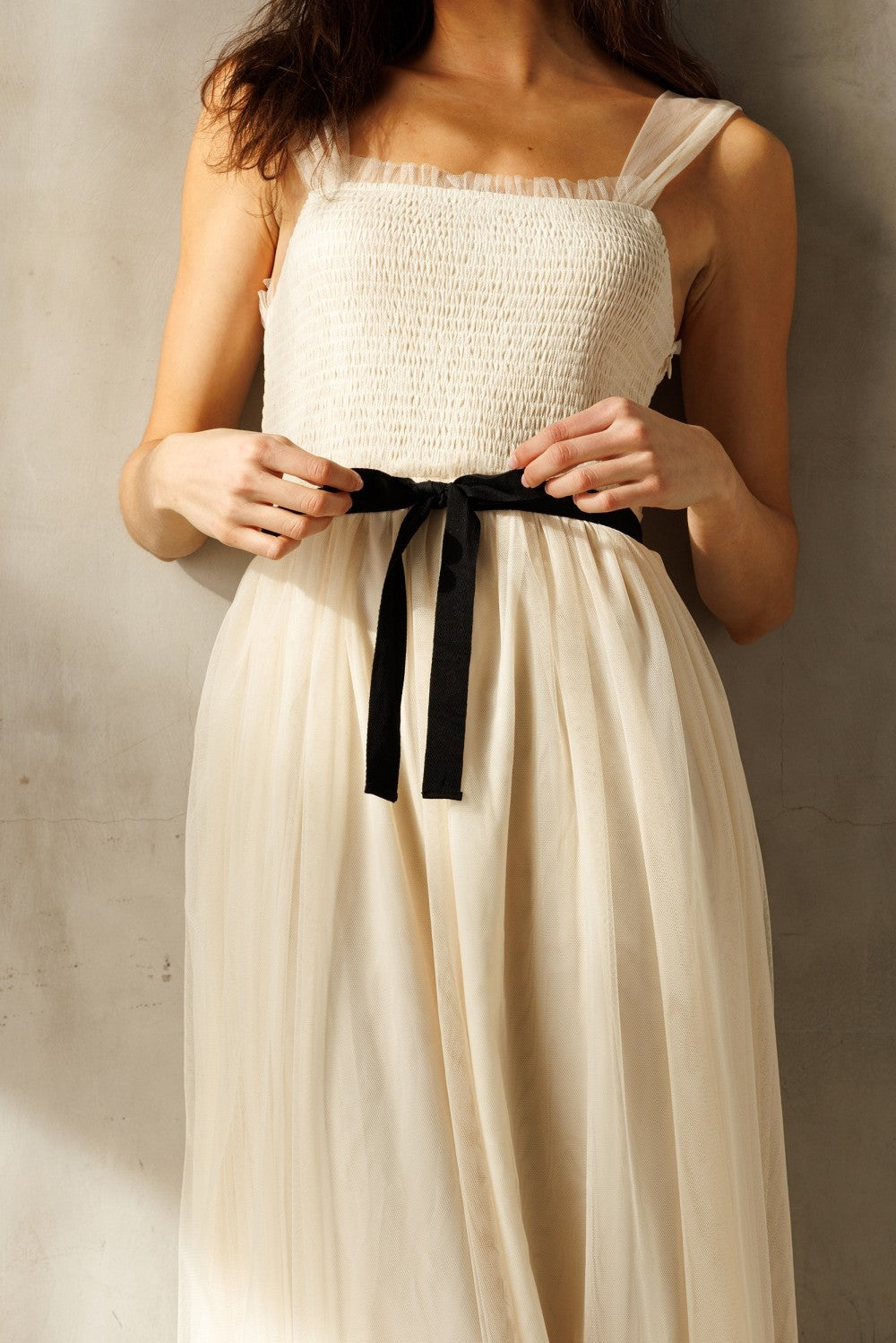 Cream Smocked Contrast Sash Ruffle Tulle Midi Dress