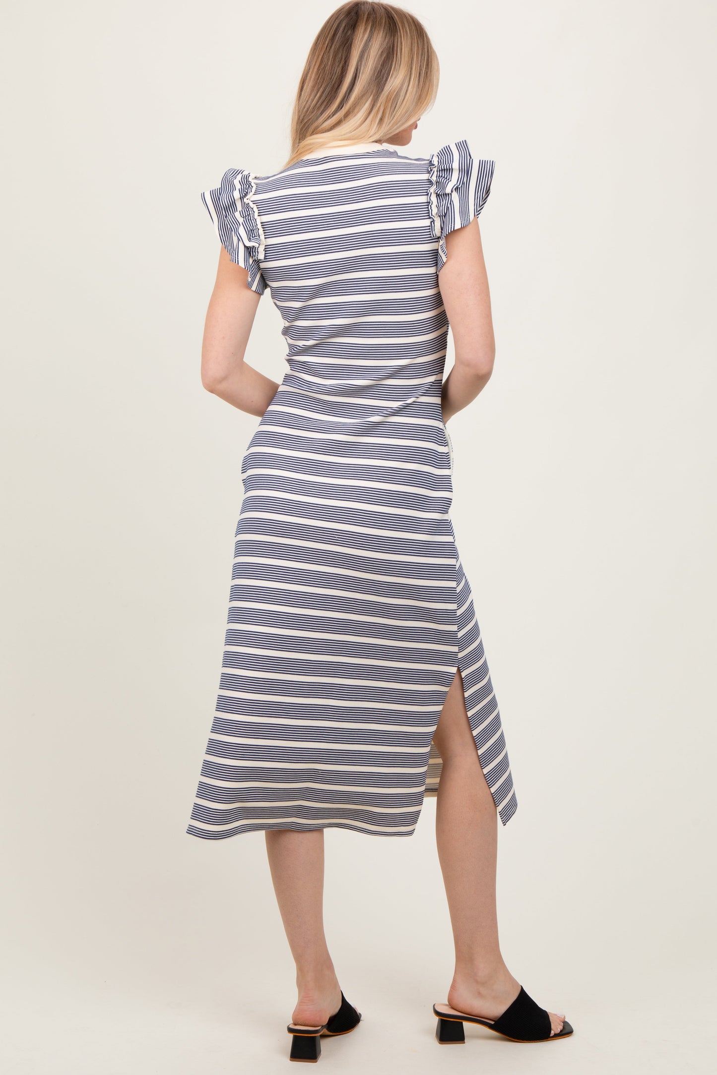 Navy Multi-Striped Button Up Ruffle Sleeve Midi Dress